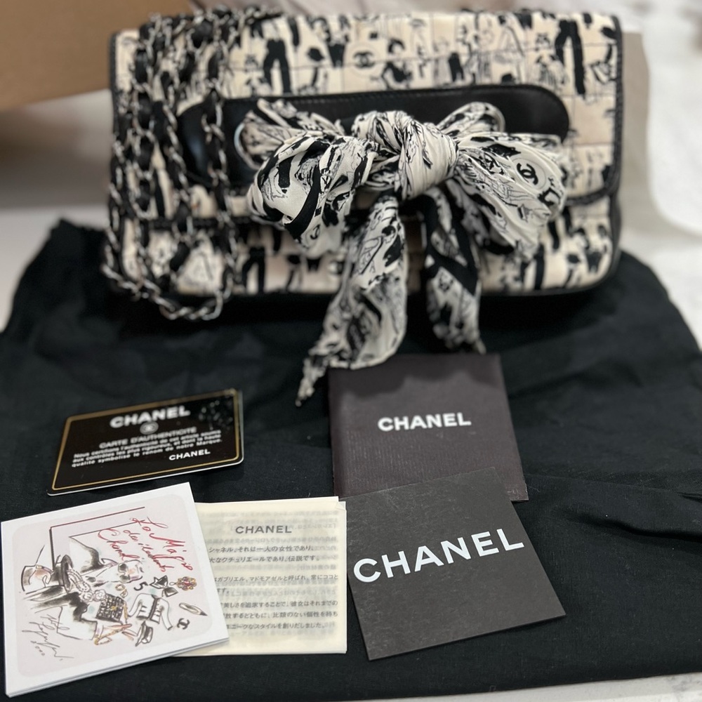 Authentic Chanel Black/White Satin and Leather Coco Mademoiselle w/ Auth card